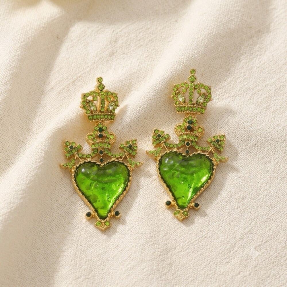 Antique Crystal Sacred Heart Lucite Crown Earrings Gold Museum Baroque Gothic CZ - Picture 2 of 9
